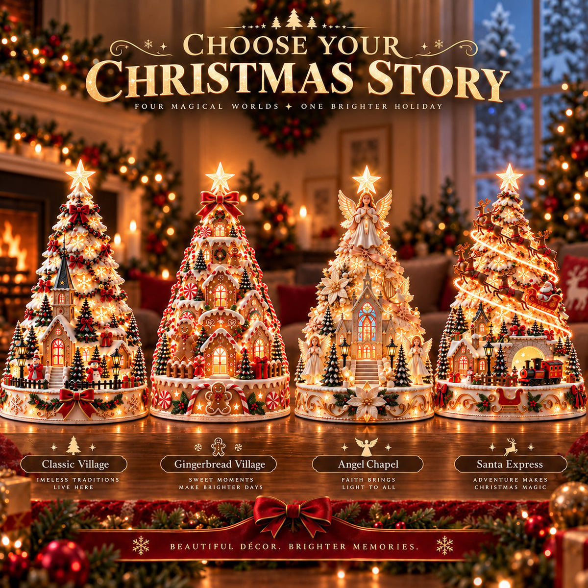 Four MerryRealm Christmas Village Lightscape Tree styles: Classic Village, Gingerbread Village, Angel Chapel and Santa Express