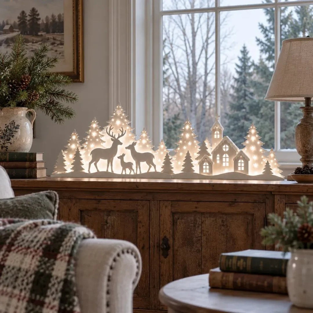 🦌 Leuchtende Weihnachtsdeko fürs Fenster – Rentier & Dorf | 2-teiliges LED-Set ✨