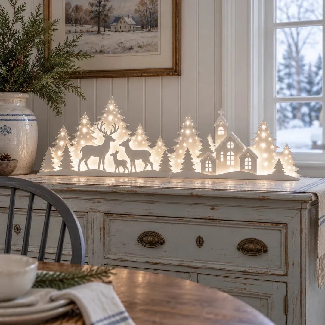 🦌 Leuchtende Weihnachtsdeko fürs Fenster – Rentier & Dorf | 2-teiliges LED-Set ✨
