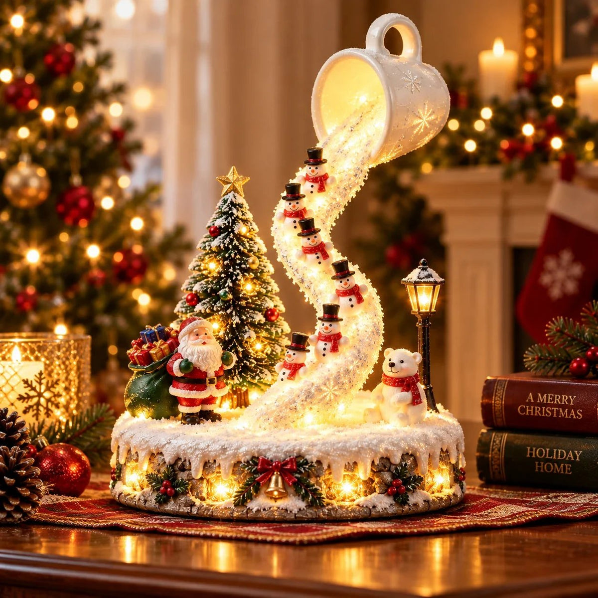 Warmly illuminated Snowman Magic Christmas decoration at night