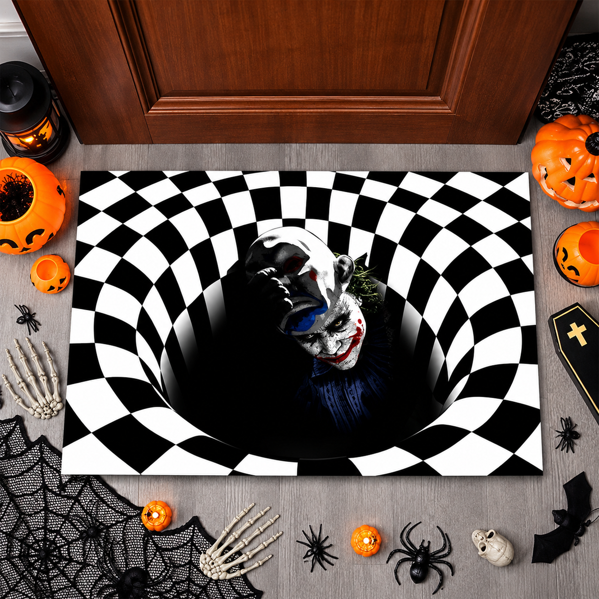 💀 3D Skull Pit Halloween Doormat – Creepy Optical Illusion Floor Rug for Spooky Home Décor