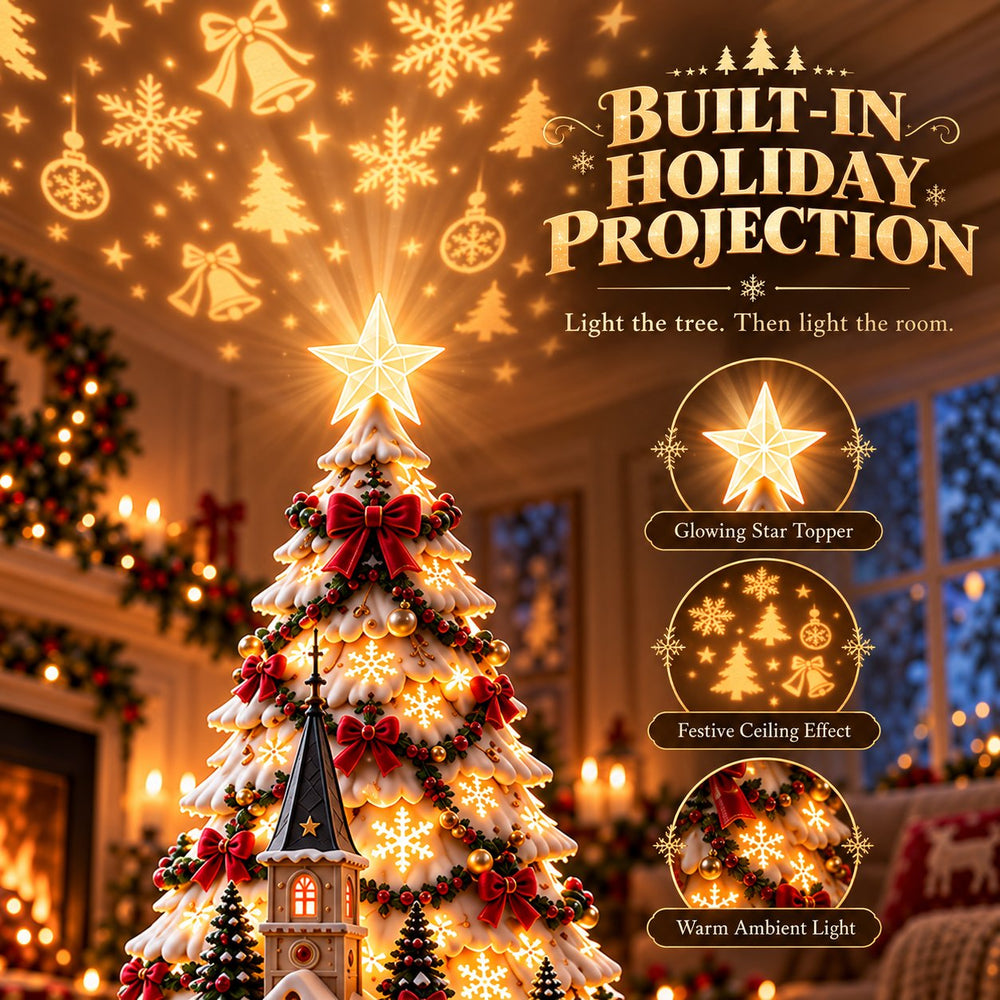 MerryRealm Christmas tree with star topper and festive holiday projection