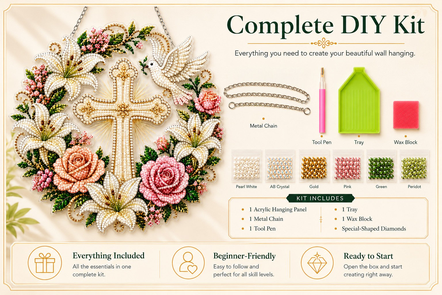 ✝️💐 Cross, Flowers & Dove Diamond Art Hanging Ornament Kit – A Relaxing DIY Craft Filled with Faith & Peace ✨🙏