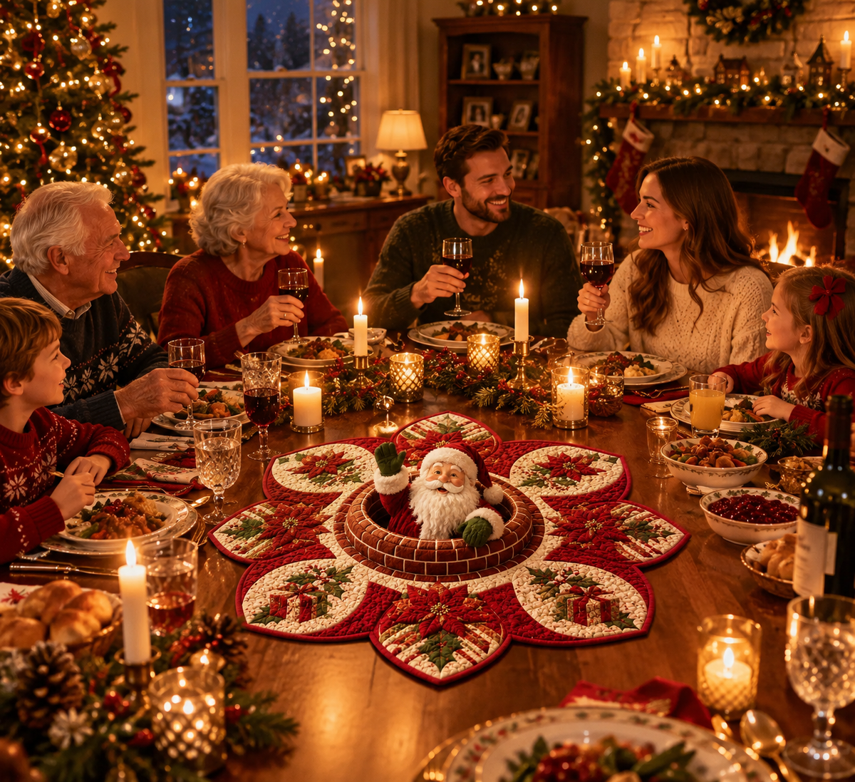 🎅 Santa Claus Christmas Quilted Table Topper – Festive Holiday Table Decor
