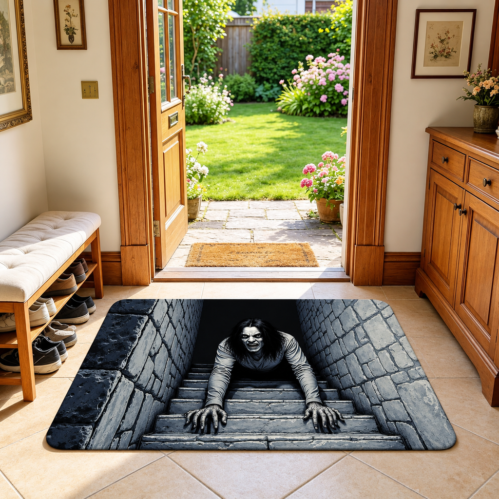 💀 3D Skull Pit Halloween Doormat – Creepy Optical Illusion Floor Rug for Spooky Home Décor
