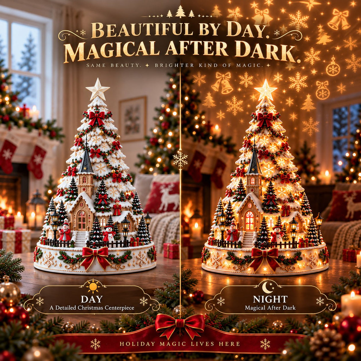 Day and night comparison of the MerryRealm Christmas Village Lightscape Tree