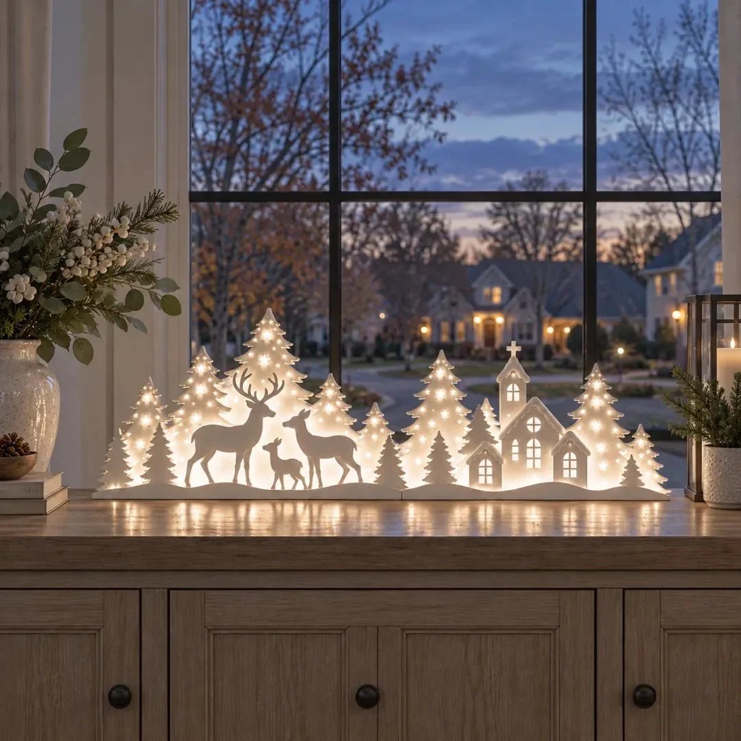 🦌 Leuchtende Weihnachtsdeko fürs Fenster – Rentier & Dorf | 2-teiliges LED-Set ✨