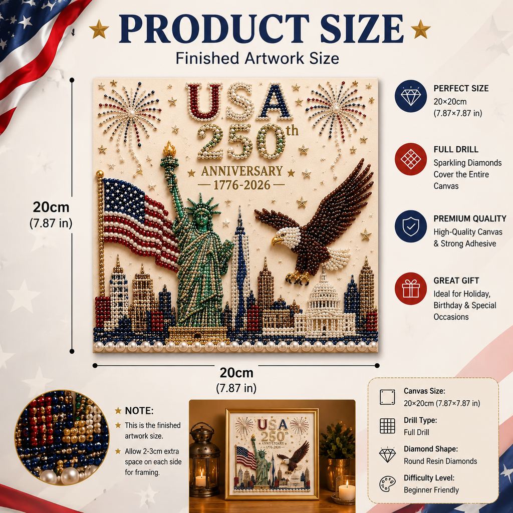 250th USA Anniversary Diamond Painting Kit – Patriotic DIY Full Drill Diamond Art for Adults, Sparkling American Flag & Liberty Artwork