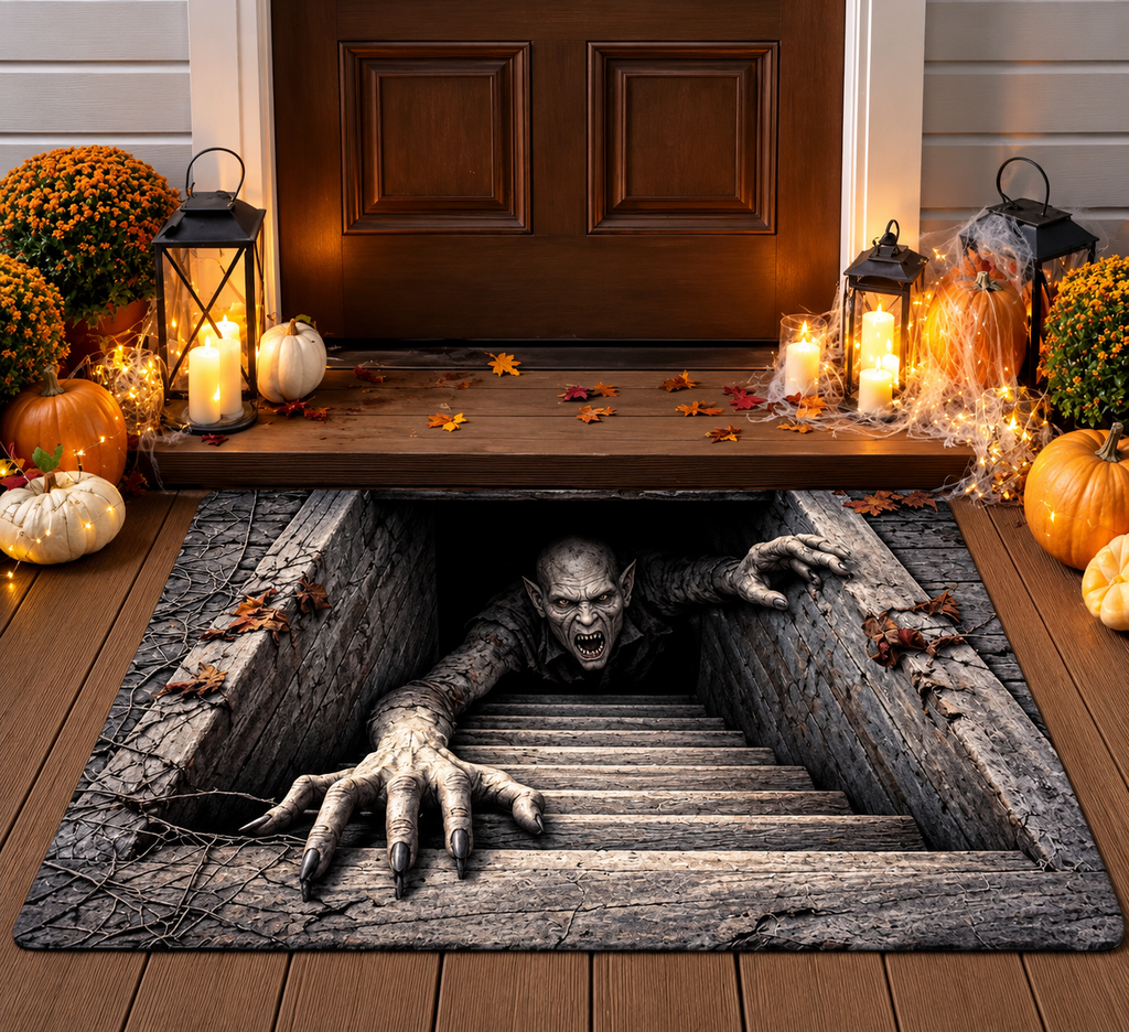 💀 3D Skull Pit Halloween Doormat – Creepy Optical Illusion Floor Rug for Spooky Home Décor