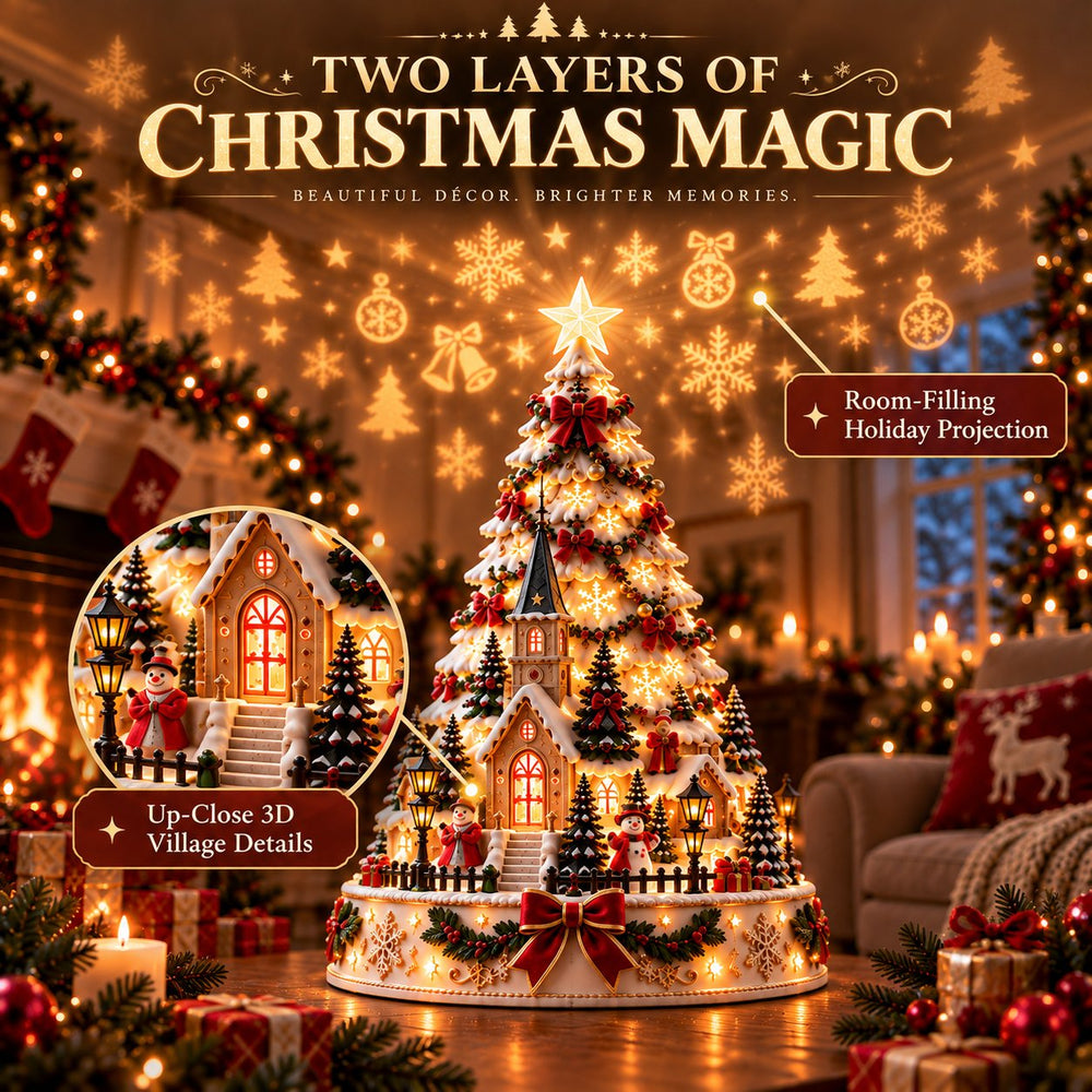 Close-up view of MerryRealm Christmas village details and festive projection