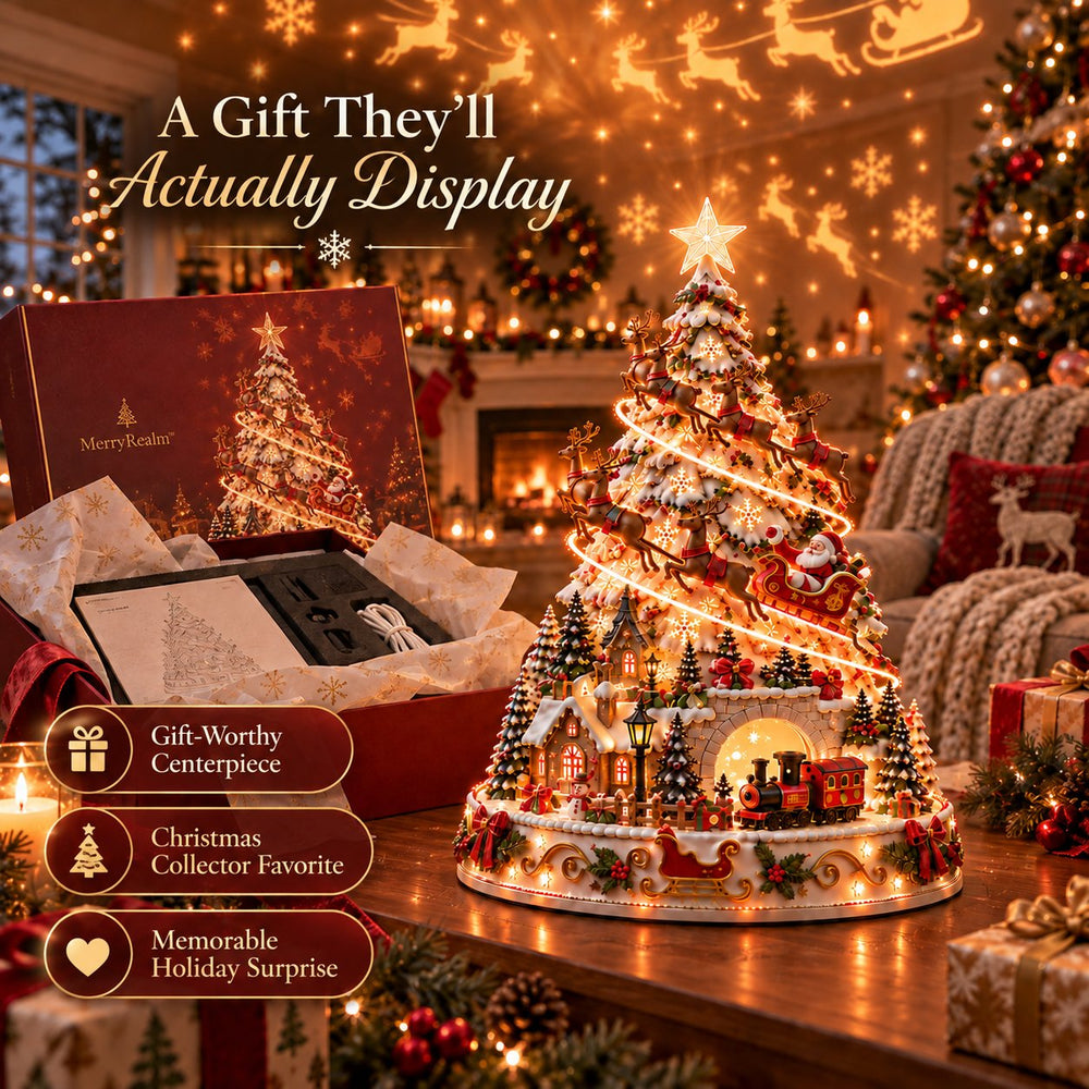 MerryRealm Christmas Village Lightscape Tree shown as a Christmas gift centerpiece