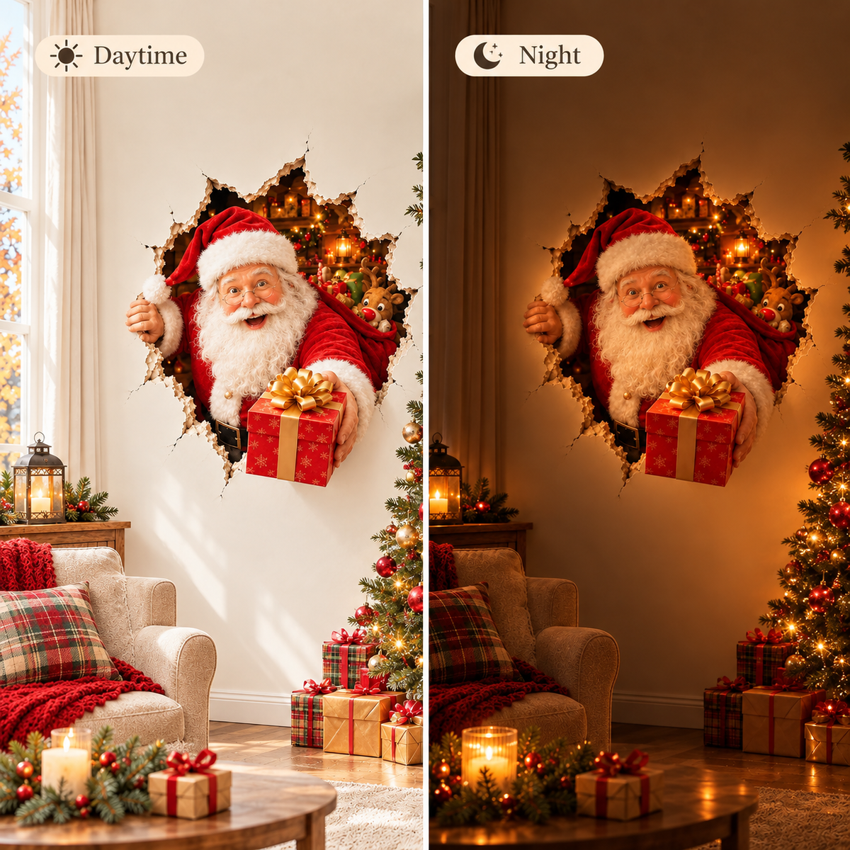 Christmas wall decal in a bright daytime living room and a warm evening scene