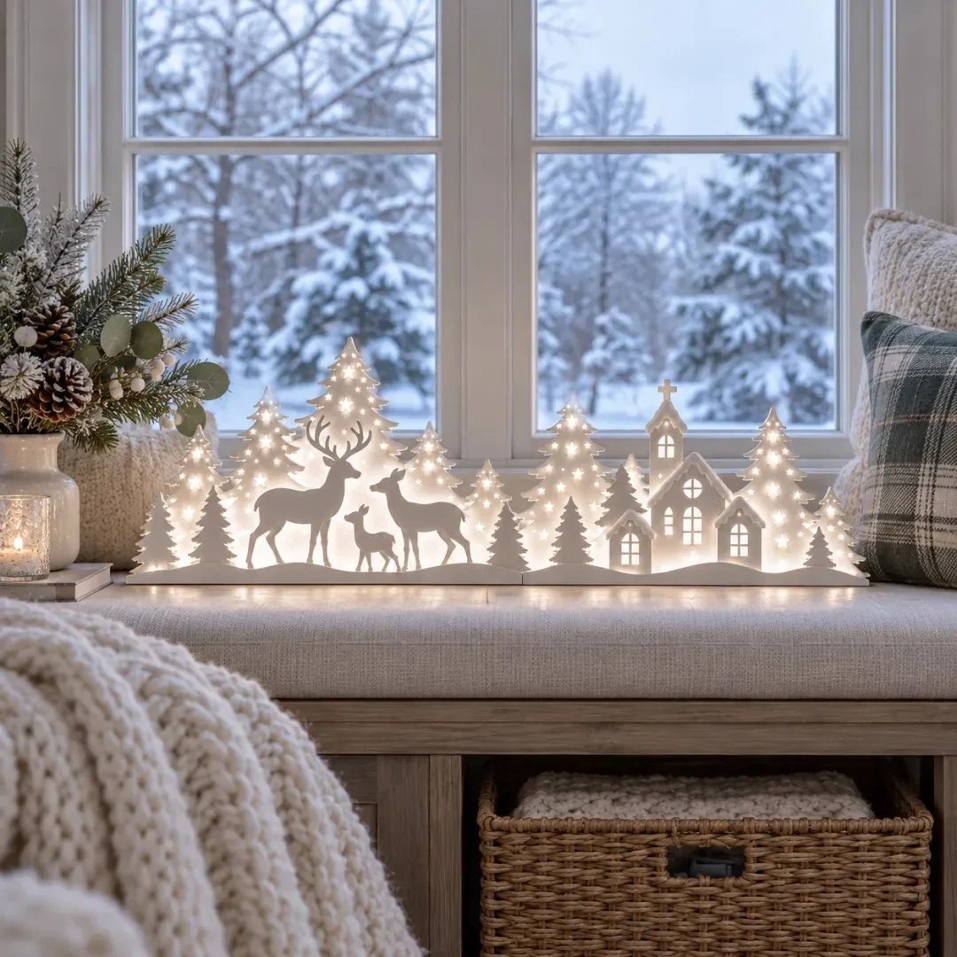 🦌 Leuchtende Weihnachtsdeko fürs Fenster – Rentier & Dorf | 2-teiliges LED-Set ✨