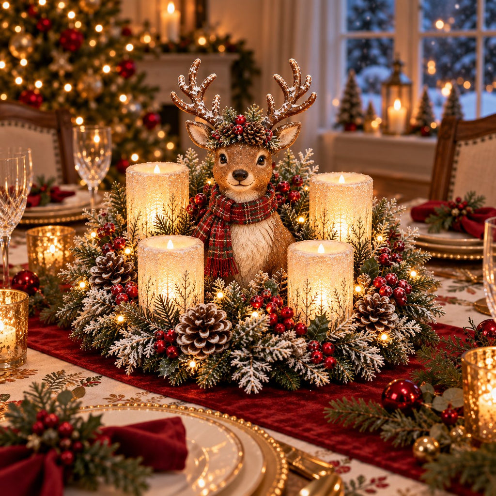 ✨ Dekorative Lichter in Form von Waldtieren, die im Schein flammenloser Kerzen flackern. 🎁🌟