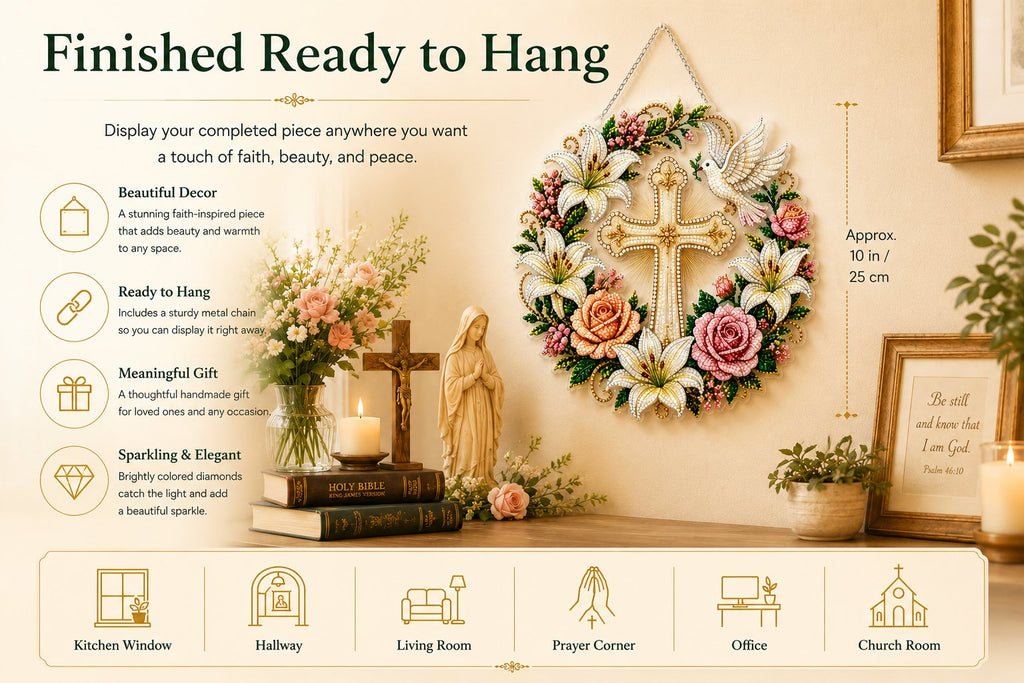 ✝️💐 Cross, Flowers & Dove Diamond Art Hanging Ornament Kit – A Relaxing DIY Craft Filled with Faith & Peace ✨🙏