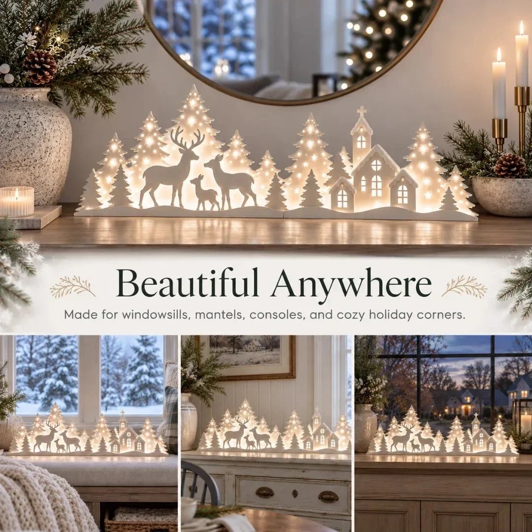 🦌 Leuchtende Weihnachtsdeko fürs Fenster – Rentier & Dorf | 2-teiliges LED-Set ✨