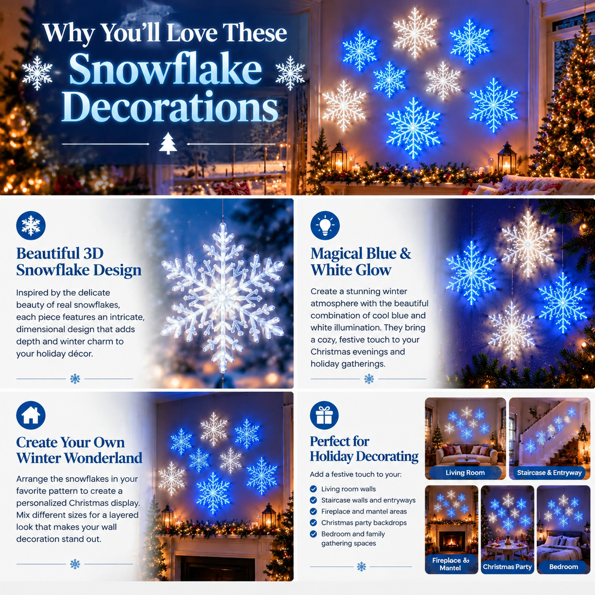 ❄️ 3D White Snowflake Wall Lights – Magical Christmas Holiday Decorations
