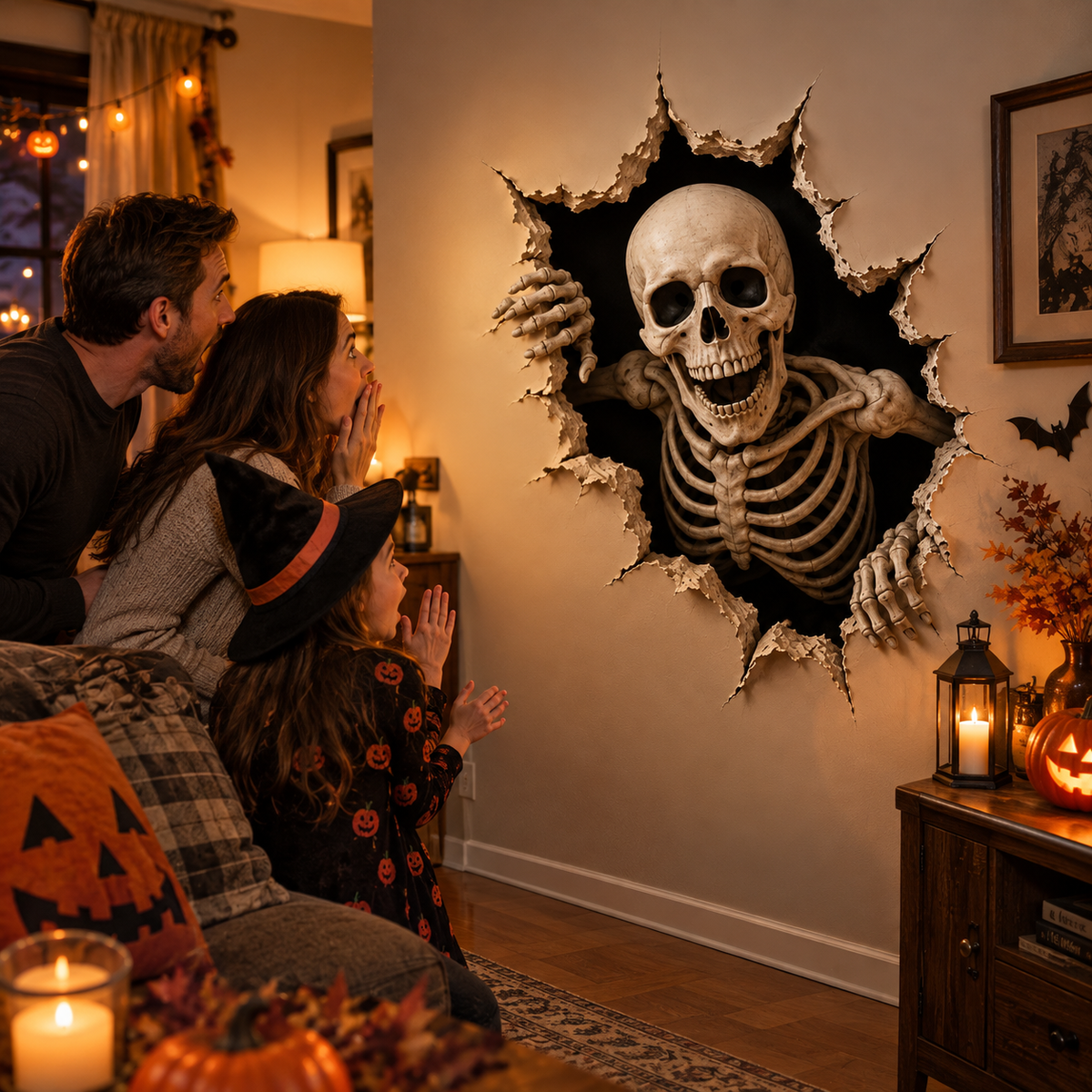 Family reacting to Halloween wall decor