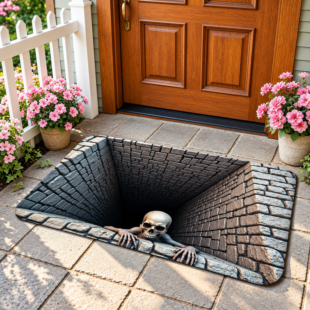 💀 3D Skull Pit Halloween Doormat – Creepy Optical Illusion Floor Rug for Spooky Home Décor