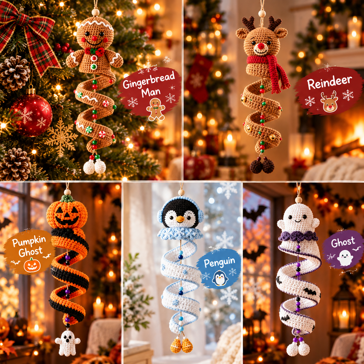 🎄 Handmade Crochet Holiday Hanging Ornaments – Christmas & Halloween Spiral Character Decorations