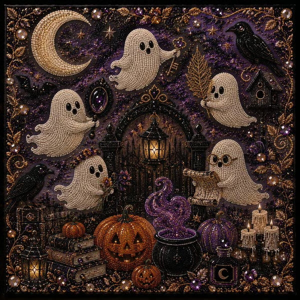 👻 Cute Ghosts Pumpkins 3D Pearl Mosaic Art Kit Halloween Decor (No Mess, Beginner)