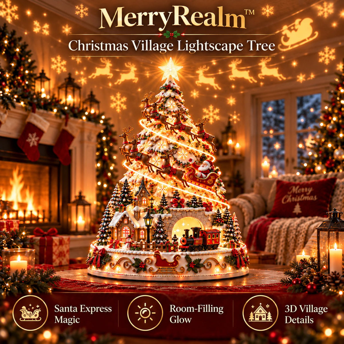 MerryRealm Christmas Village Lightscape Tree with festive village details and Christmas projection