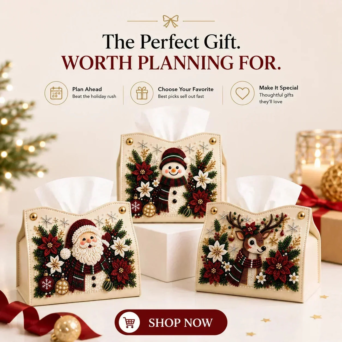 Three Christmas tissue box cover designs displayed together as gift ideas