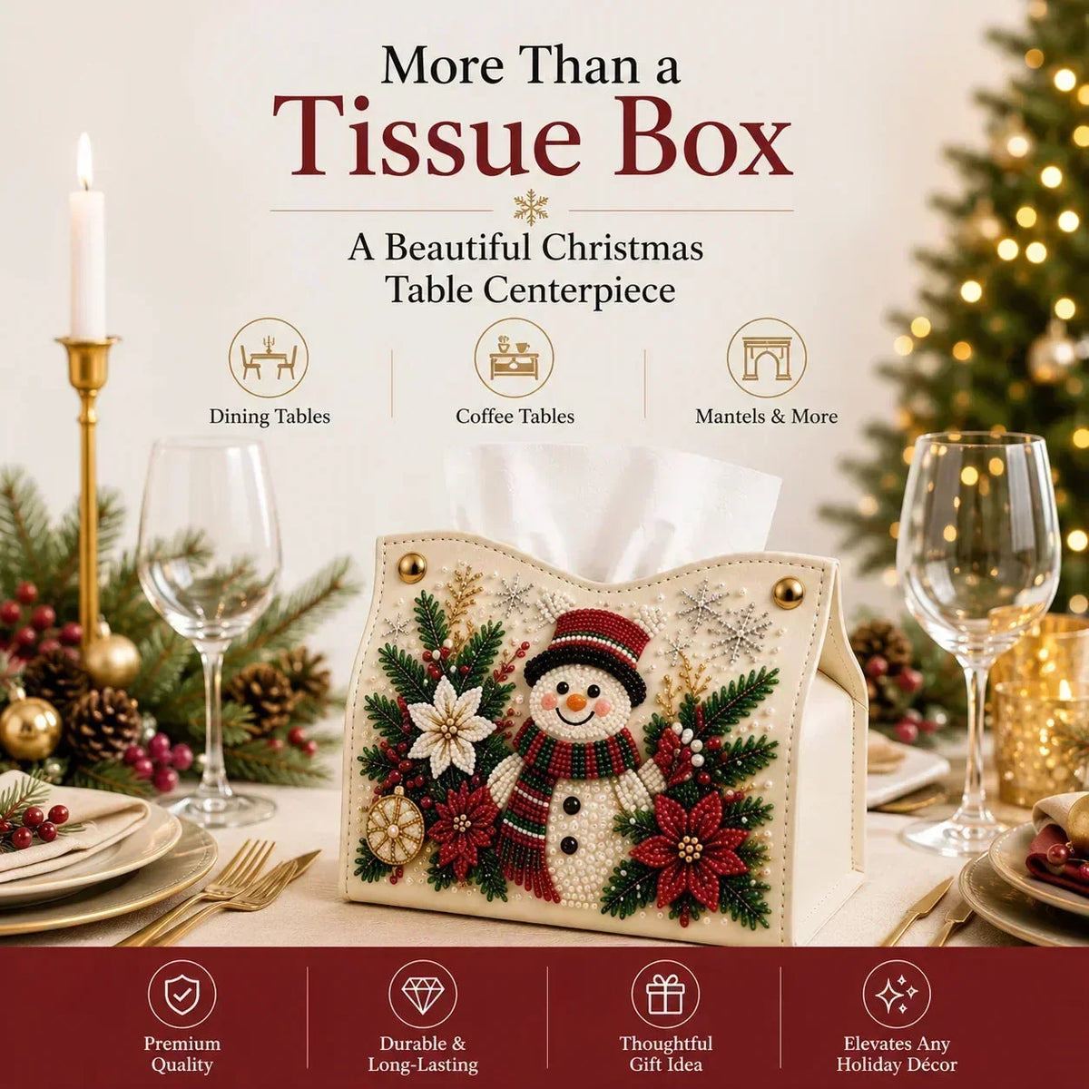 Snowman beaded tissue box cover styled on a Christmas dining table